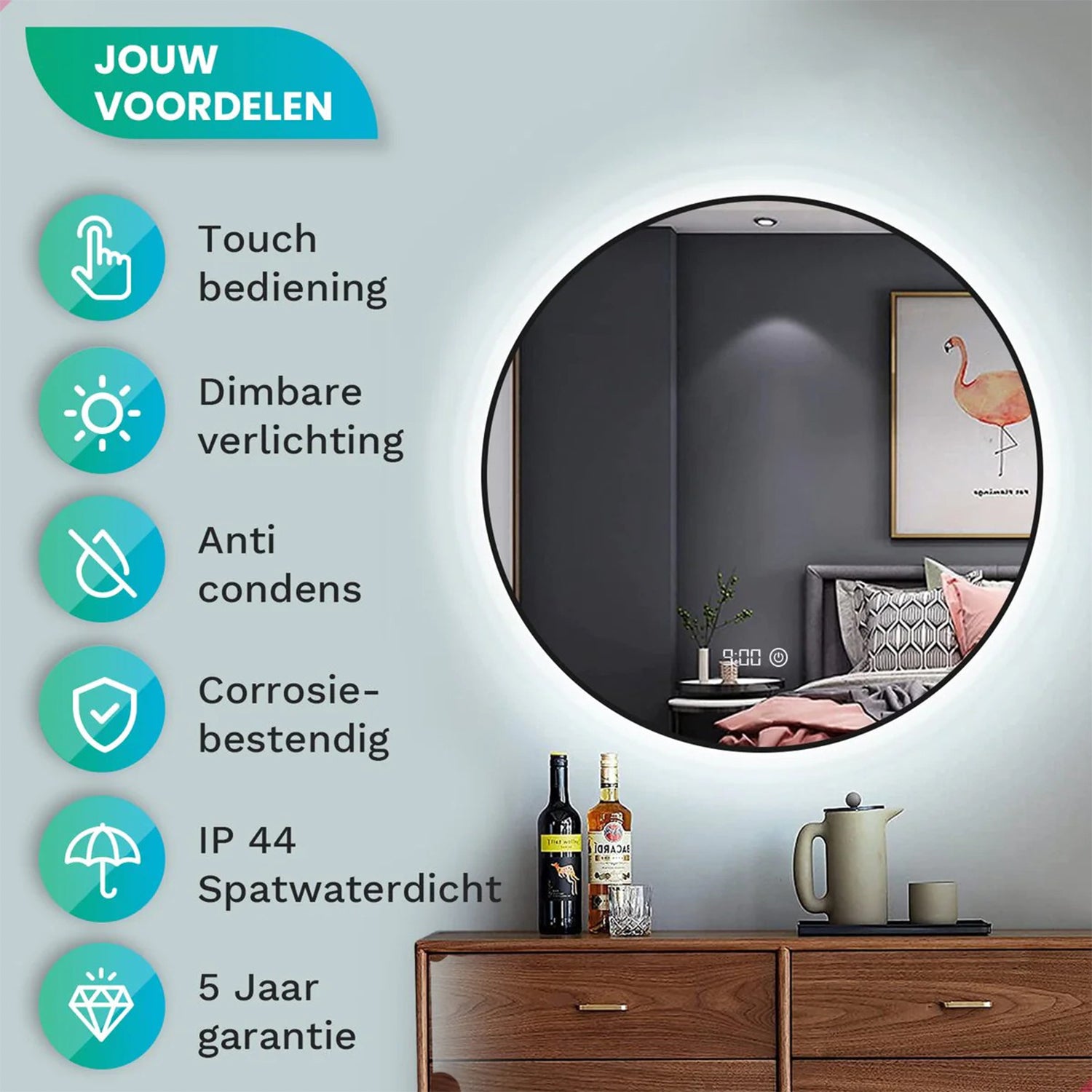 Badkamerspiegel Rond Mat Zwart 100 cm - Anti-Condens & Dimbaar Led