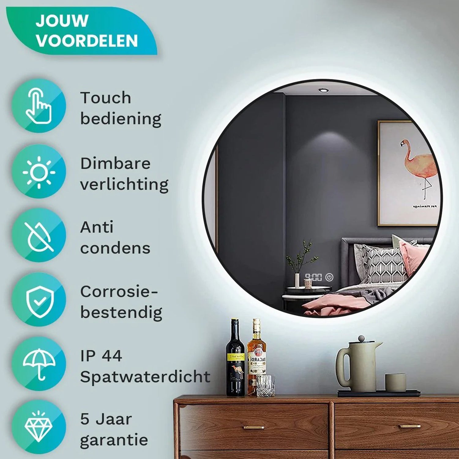 Badkamerspiegel Rond Mat Zwart 60 cm - Anti-Condens & Dimbaar Led