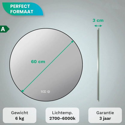 Badkamerspiegel Rond Mat Zwart 60 cm - Anti-Condens & Dimbaar Led