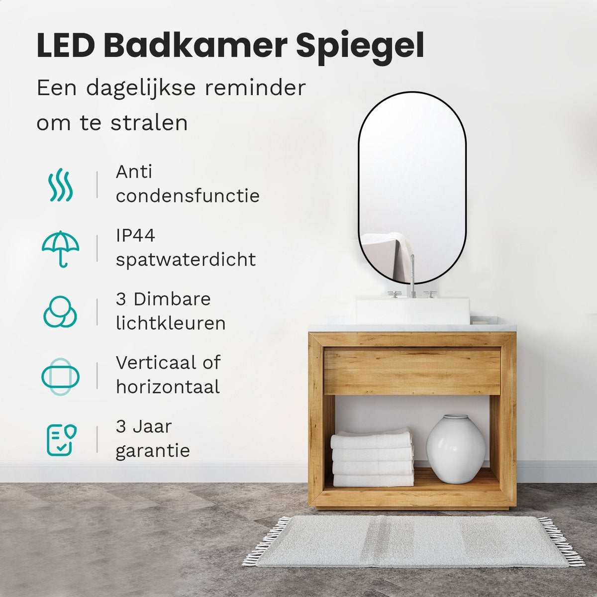 Badkamerspiegel Ovaal Zwart 50 x 90 cm - Anti-Condens & Dimbaar Led