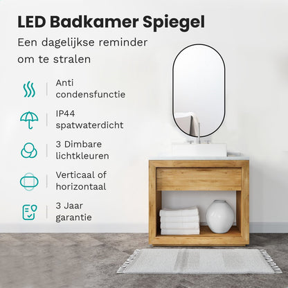 Badkamerspiegel Ovaal Zwart 50 x 90 cm - Anti-Condens & Dimbaar Led