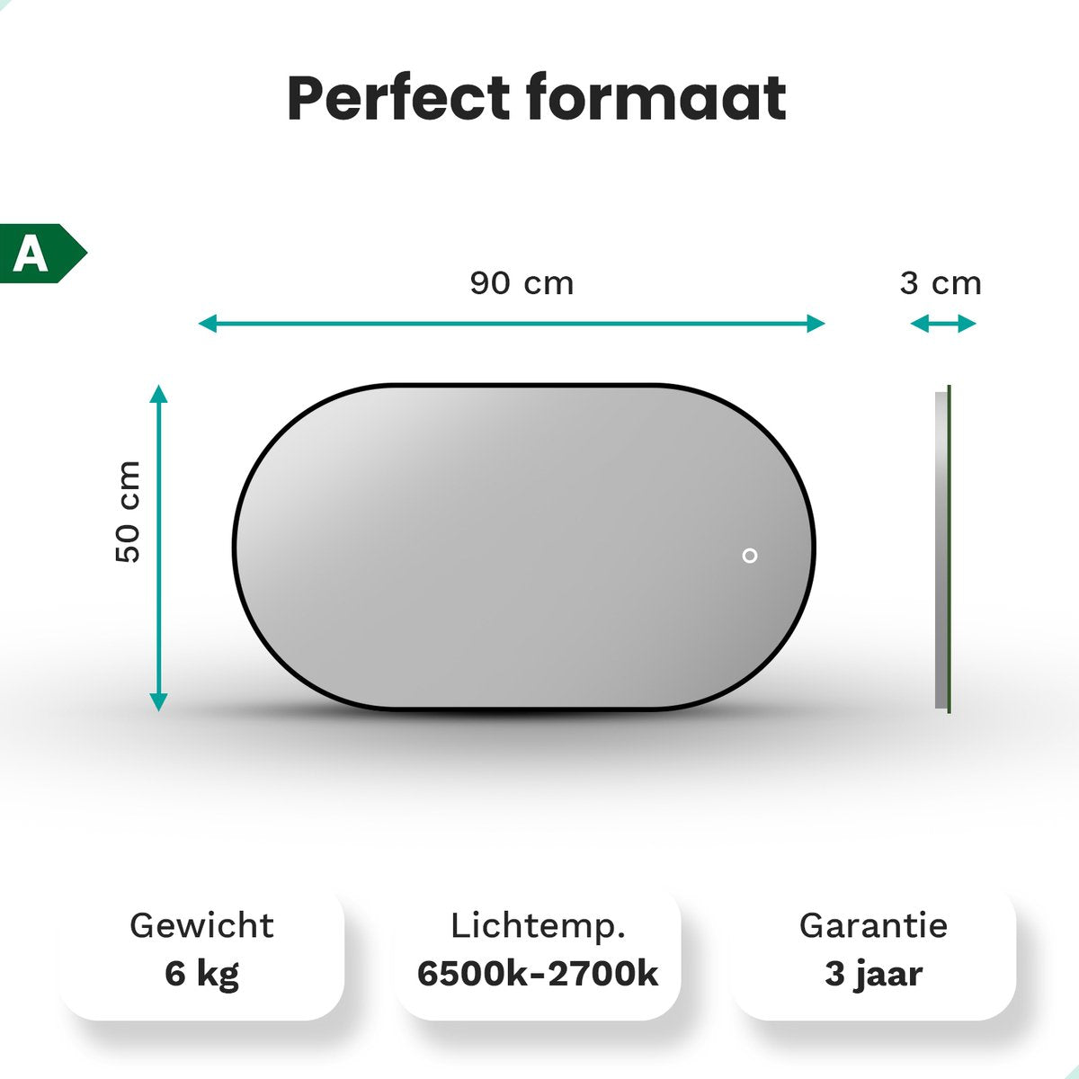 Badkamerspiegel Ovaal Zwart 50 x 90 cm - Anti-Condens & Dimbaar Led