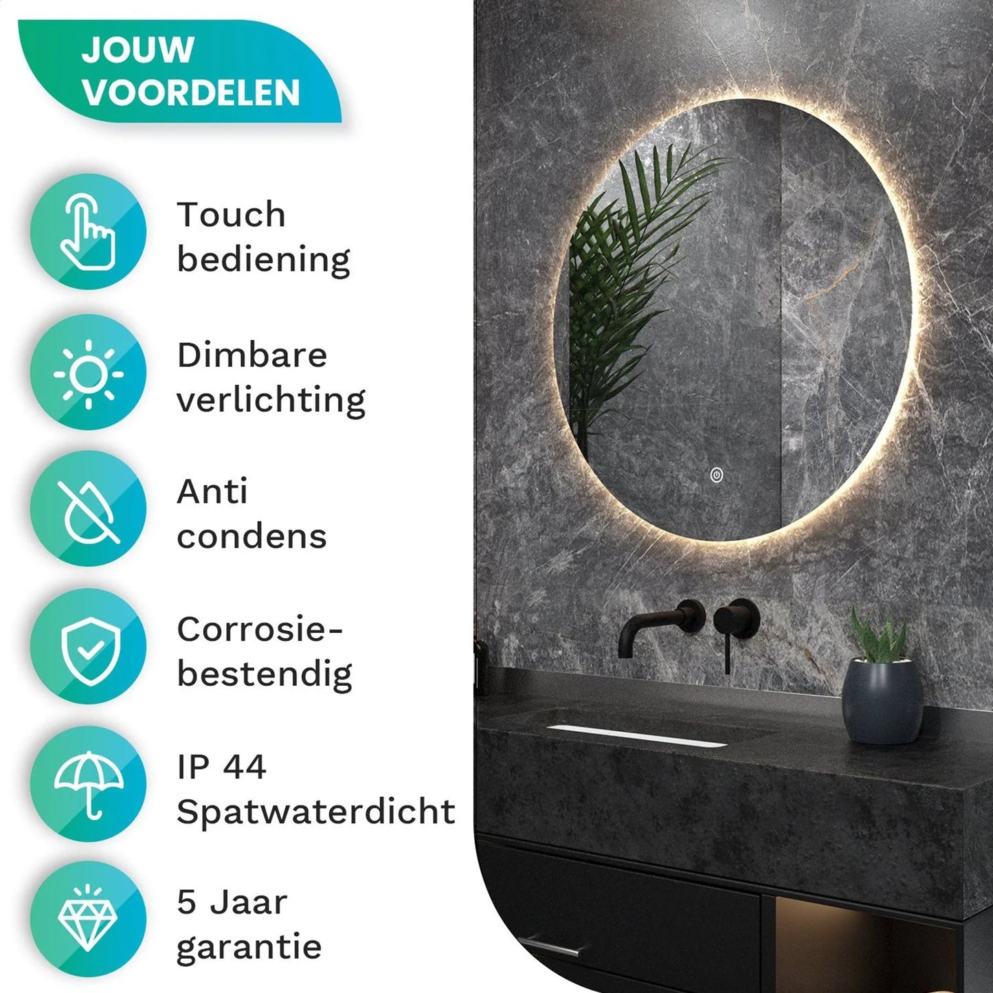 Badkamerspiegel Rond Frameloos 60 cm - Anti-Condens & Dimbaar Led